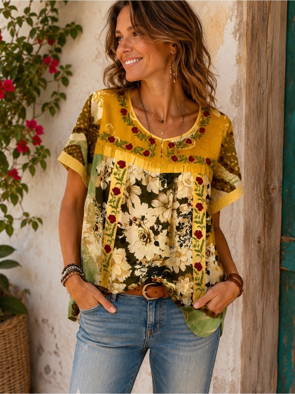 LABEL Ritu Kumar Designer Floral Panel Embroidered Smock Top Boho Hippie